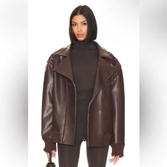 Norma Kamali Oversized Moto Jacket Chocolate
Dark Brown faux Leather Revolve L - Picture 1 of 11